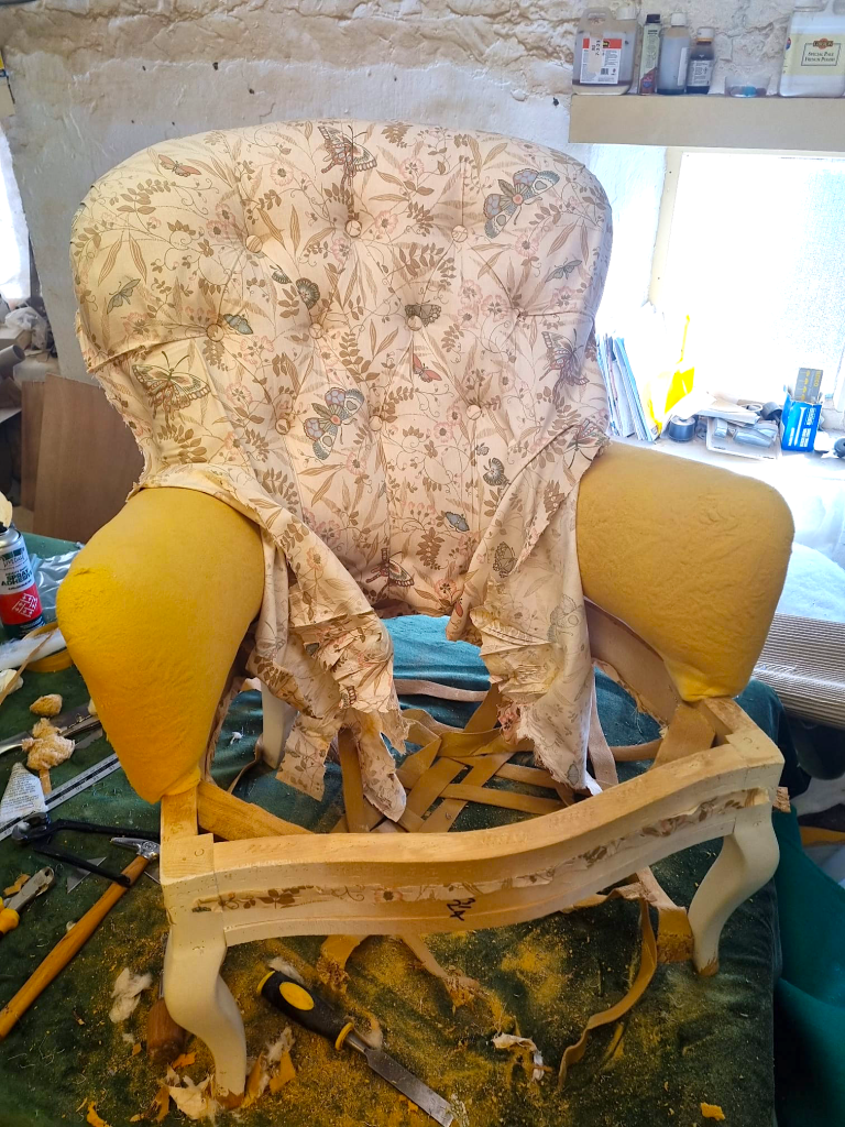 Befor | Restored nursing chair reupholstered in Linwood Waterfall fabric by BJ Upholstery