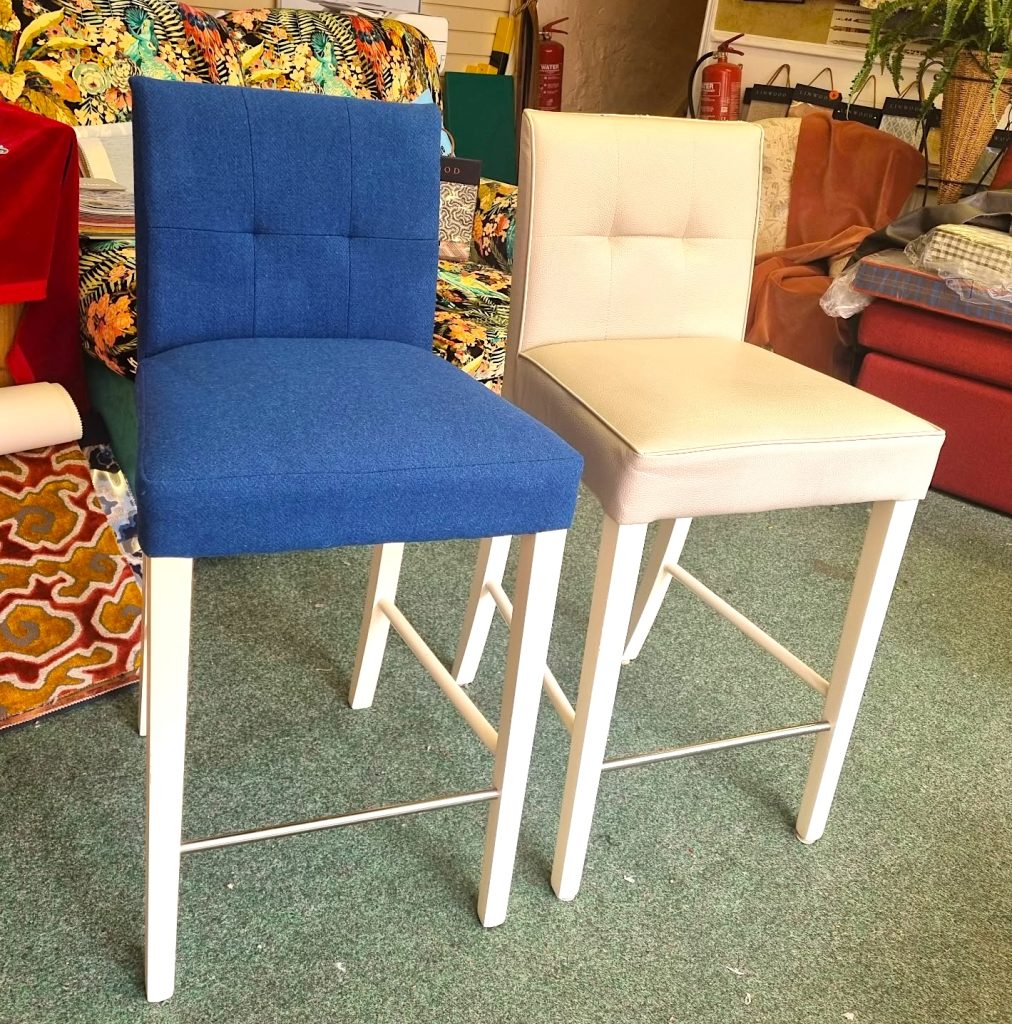 Pair of tall kitchen bar stools reupholstered in genuine Harris Tweed with detailed stitching and Harris Tweed labels on the backs