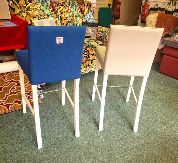 Pair of tall kitchen bar stools reupholstered in genuine Harris Tweed with detailed stitching and Harris Tweed labels on the backs