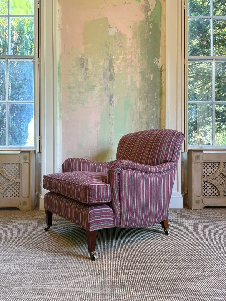 Restored original Howard armchair upholstered in luxury GP & J Baker fabric